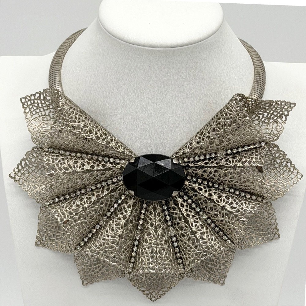 Avant Garde Statement Collar Necklace Silver Filigree Black Stone Couture Bib